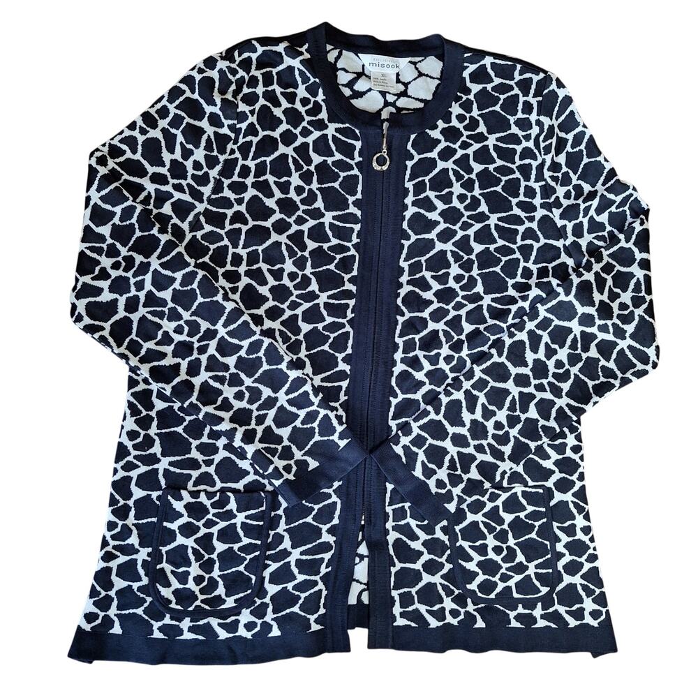 Misook Womens XL Knit Black White Giraffe Print Full Zip Pockets Cardigan NWOT